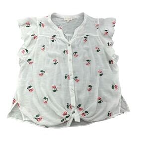 Fig + Flower White Embroidered Cherry Ruffle Sleeve Tie Front Top Women's 2X